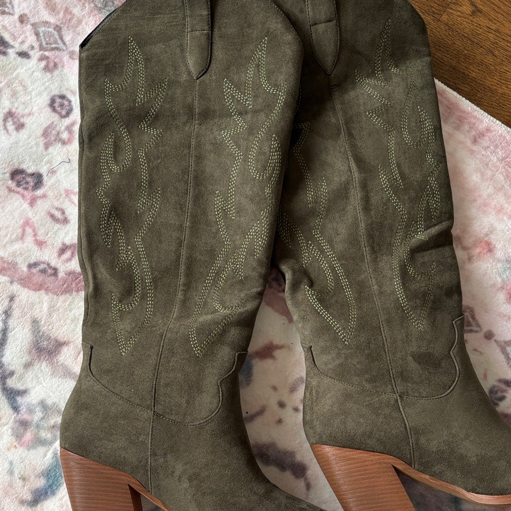 Olive Faux Suede Western Boots. Never Worn. Size 9.5